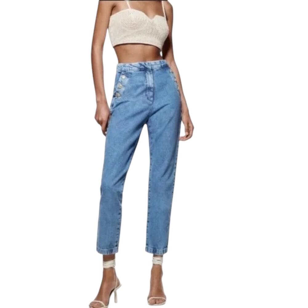 Zara High Rise Gold Button Front Straight Leg Sailor Jeans Size Large